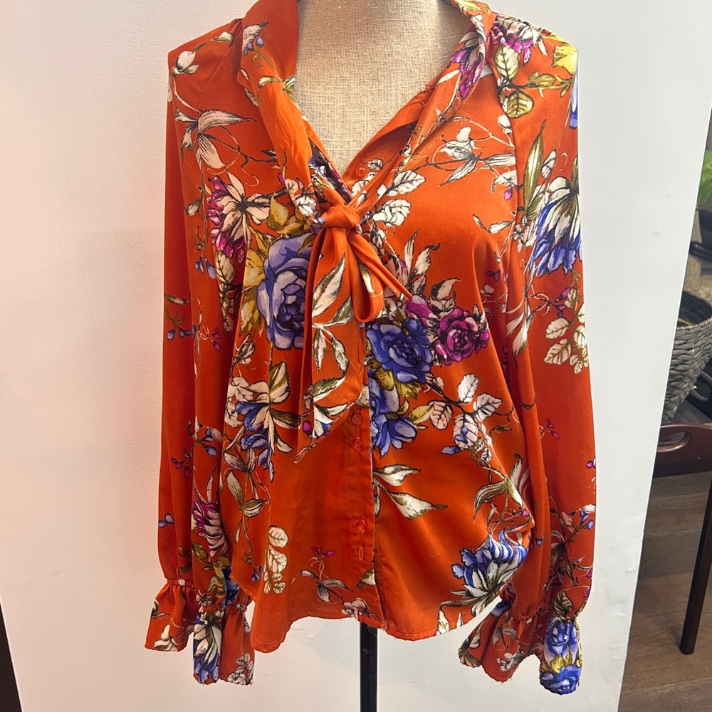 Free People Floral Orange Blue Blouse with Neck Tie Balloon Sleeves Size Large